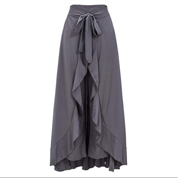 Grey Chiffon Ruffle Pant Maxi Skirt - Picture 2 of 8